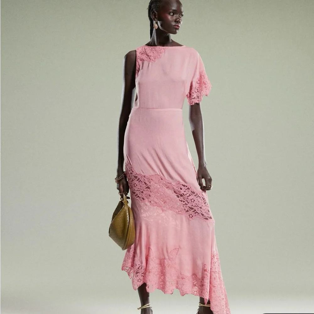 ASOS DESIGN flutter sleeve midi dress with lace detail in pink - Picture 1 of 4